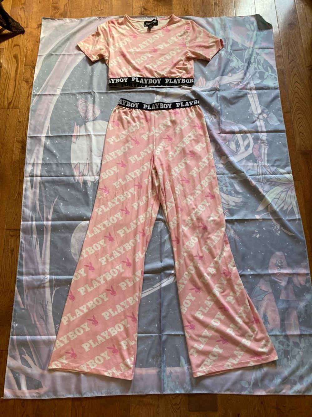 PLAYBOY Pink Allover Logo Cropped Pajama Set
